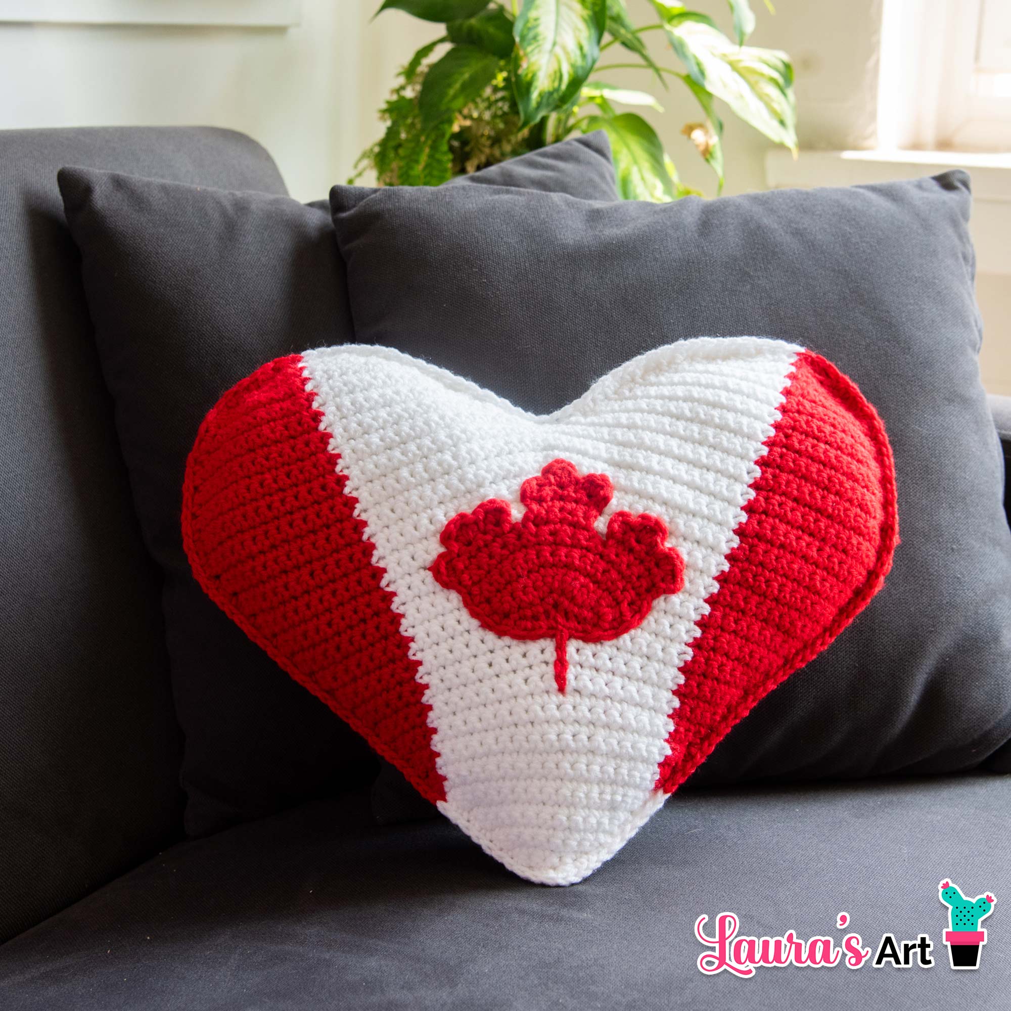 Canada Day crochet heart pillow